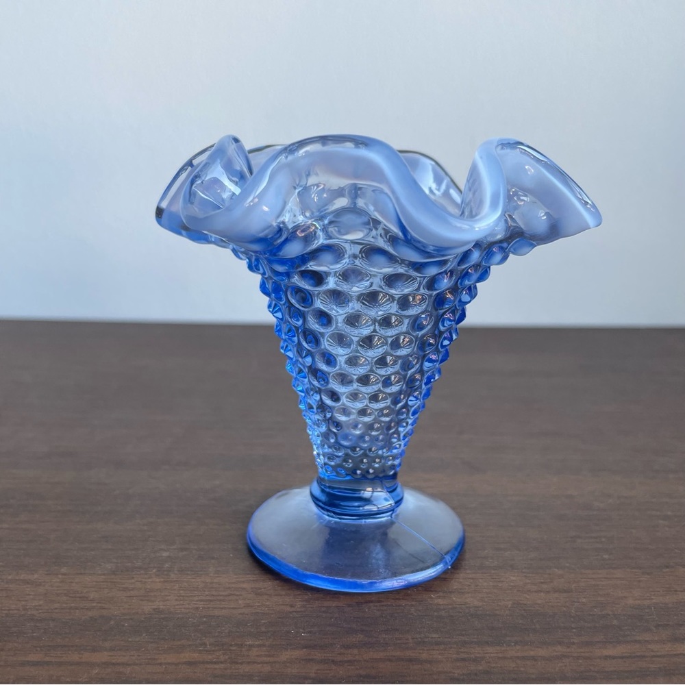 Fenton Blue Opalescent Ruffled Edge Vase